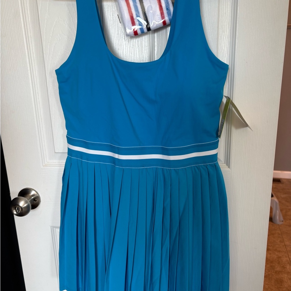 all in motion Teal Blue Pleated Tank Dress with White Stripe & sweatbands